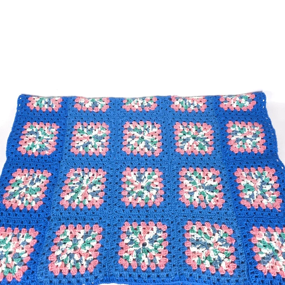 Handmade Blue Pink Crochet Granny Square Afghan 50x35 Vintage Throw Blanket‎
